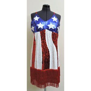 Stars & Stripes Sequin Flapper Dress Costume Fringe Red White & Blue Size S